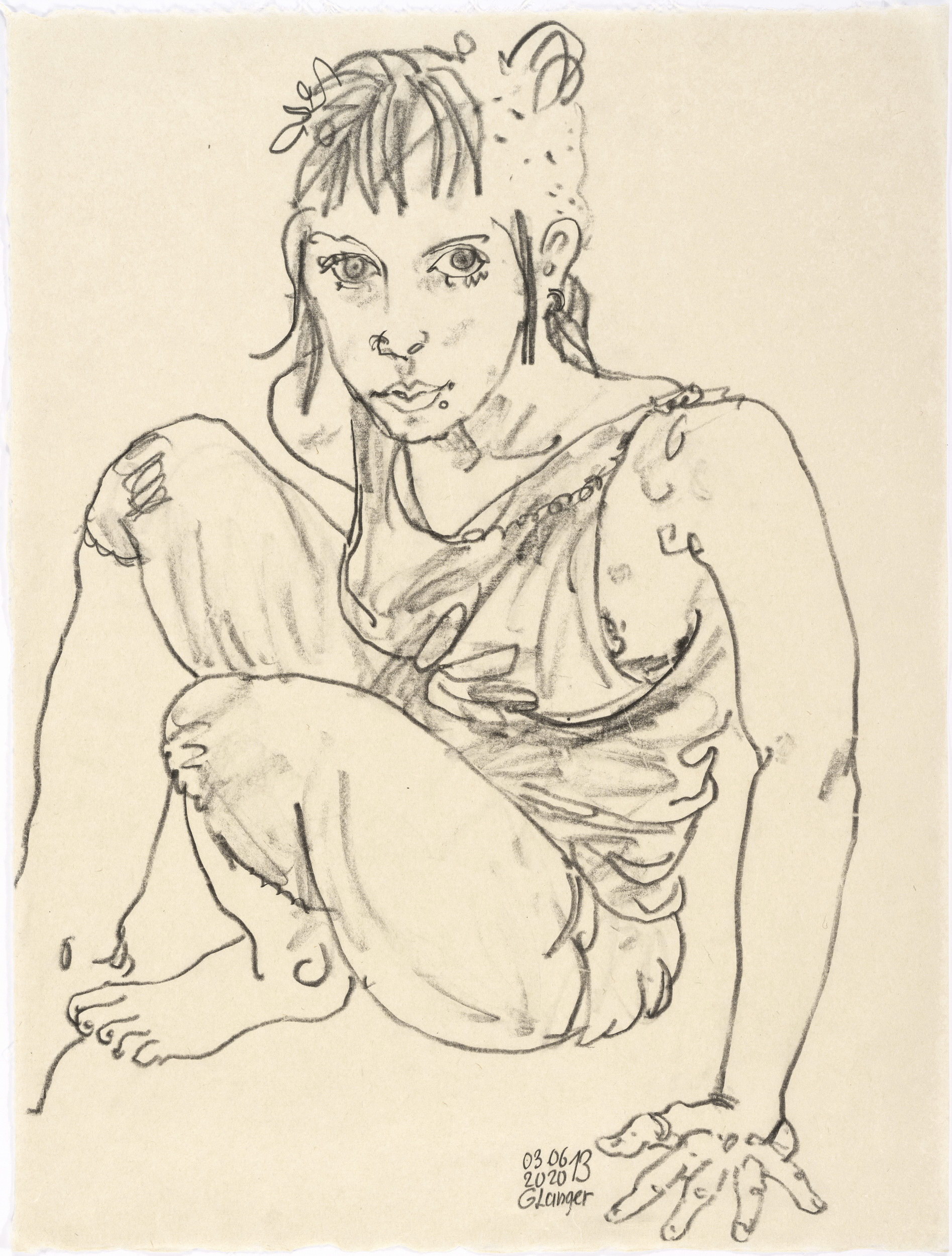 Gunter Langer, Sitzendes Mädchen, 2020, Zeichnung, Japanpapier, 61 x 45 cm